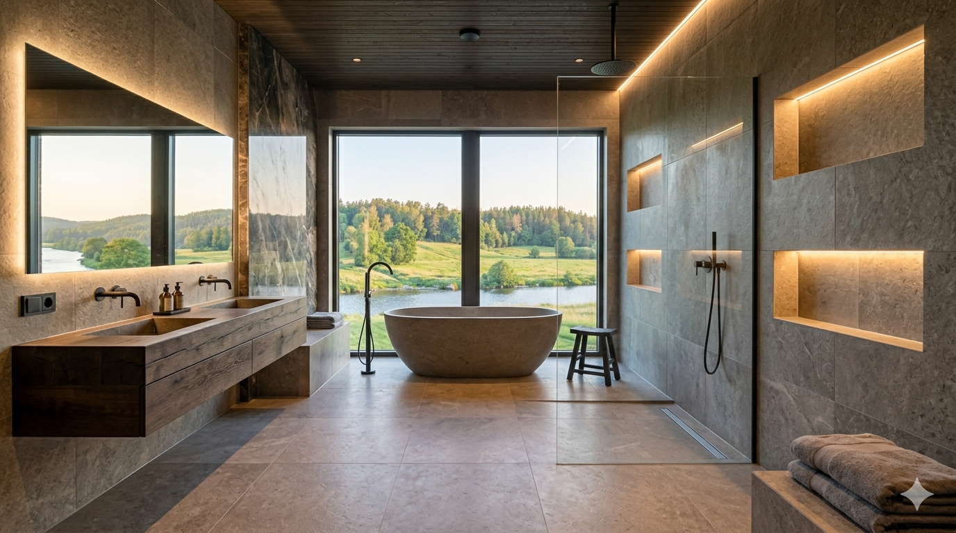 The bath, finished in stone, with linen towels