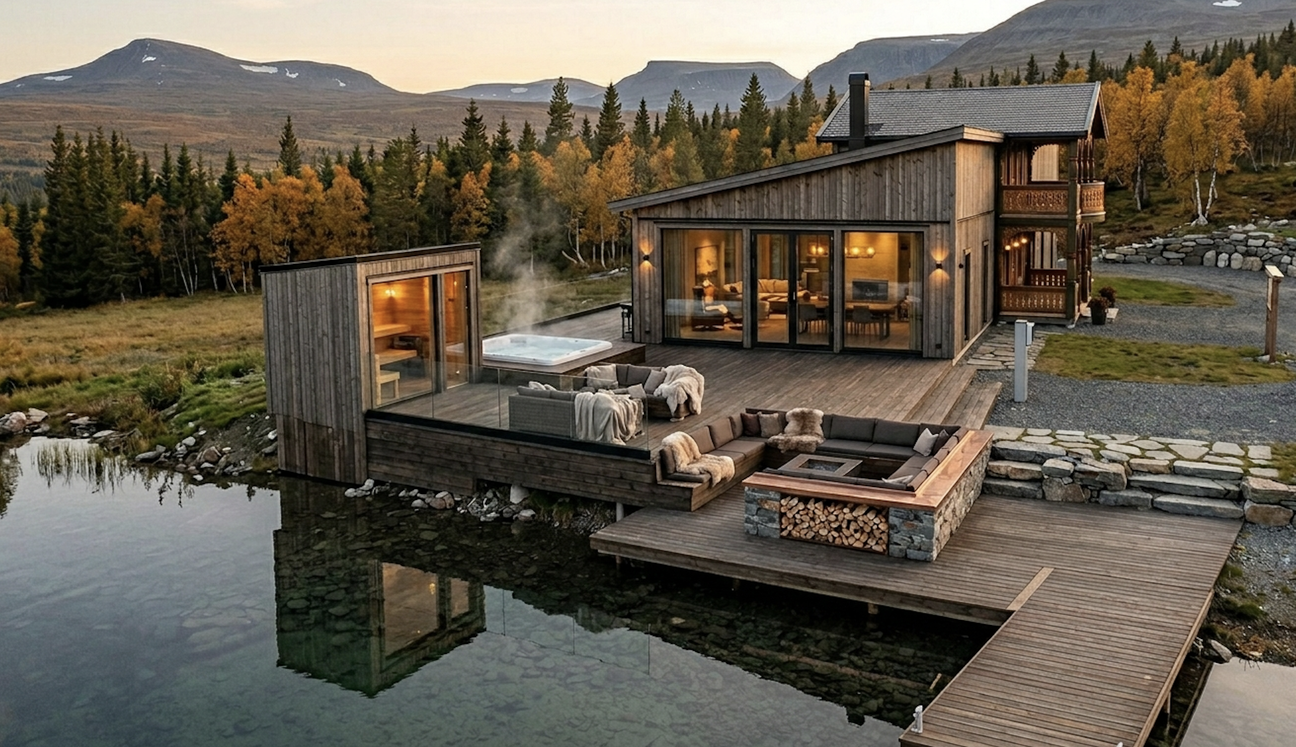 Villa Glöd at autumn dusk — Klövsjö, Härjedalen — sauna, hot tub and fire pit set against the fjäll