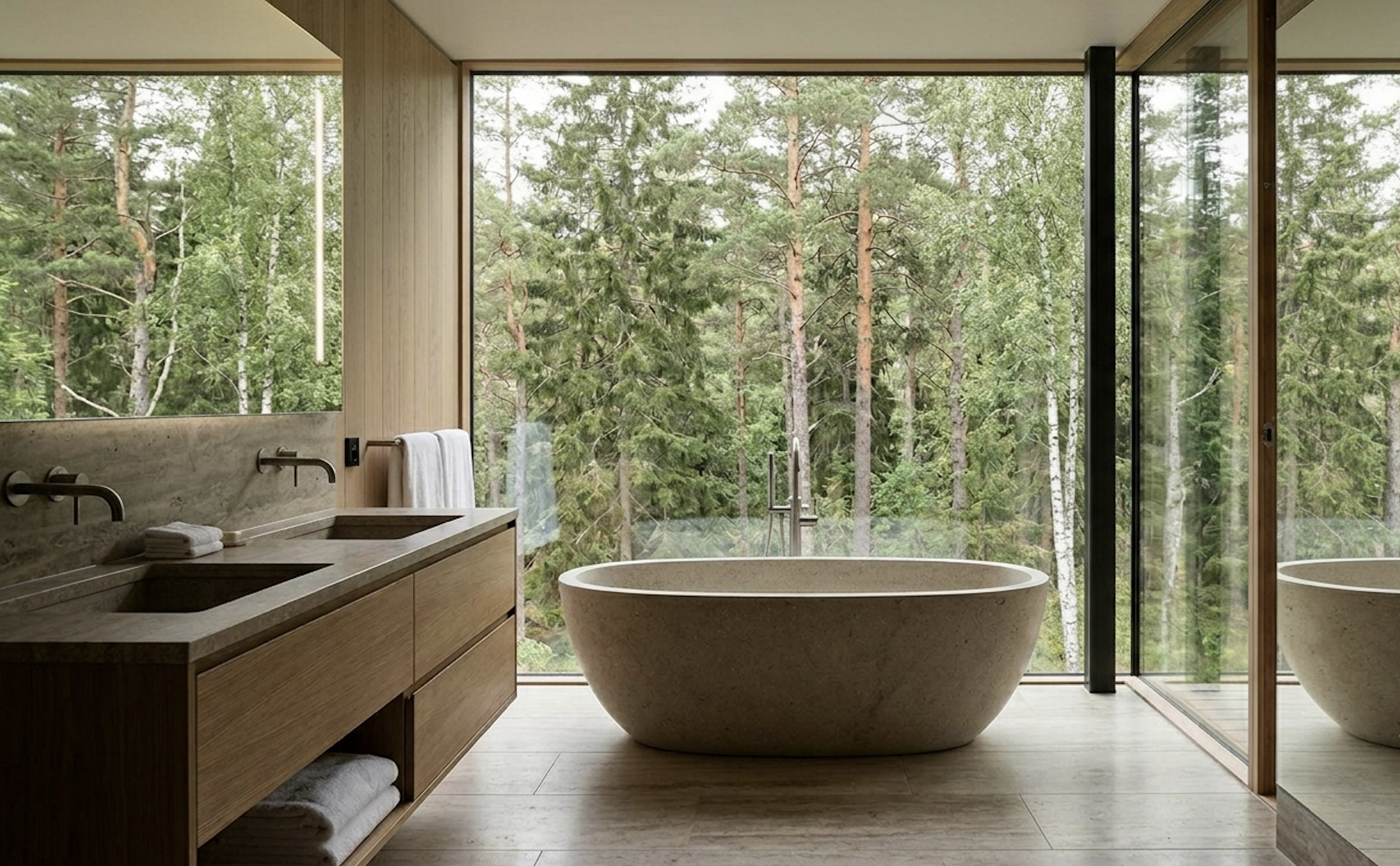 The bath inside Villa Klang at Hälla — a freestanding stone tub before a floor-to-ceiling forest window, full-size Byredo and Le Labo amenities arranged on a travertine vanity.