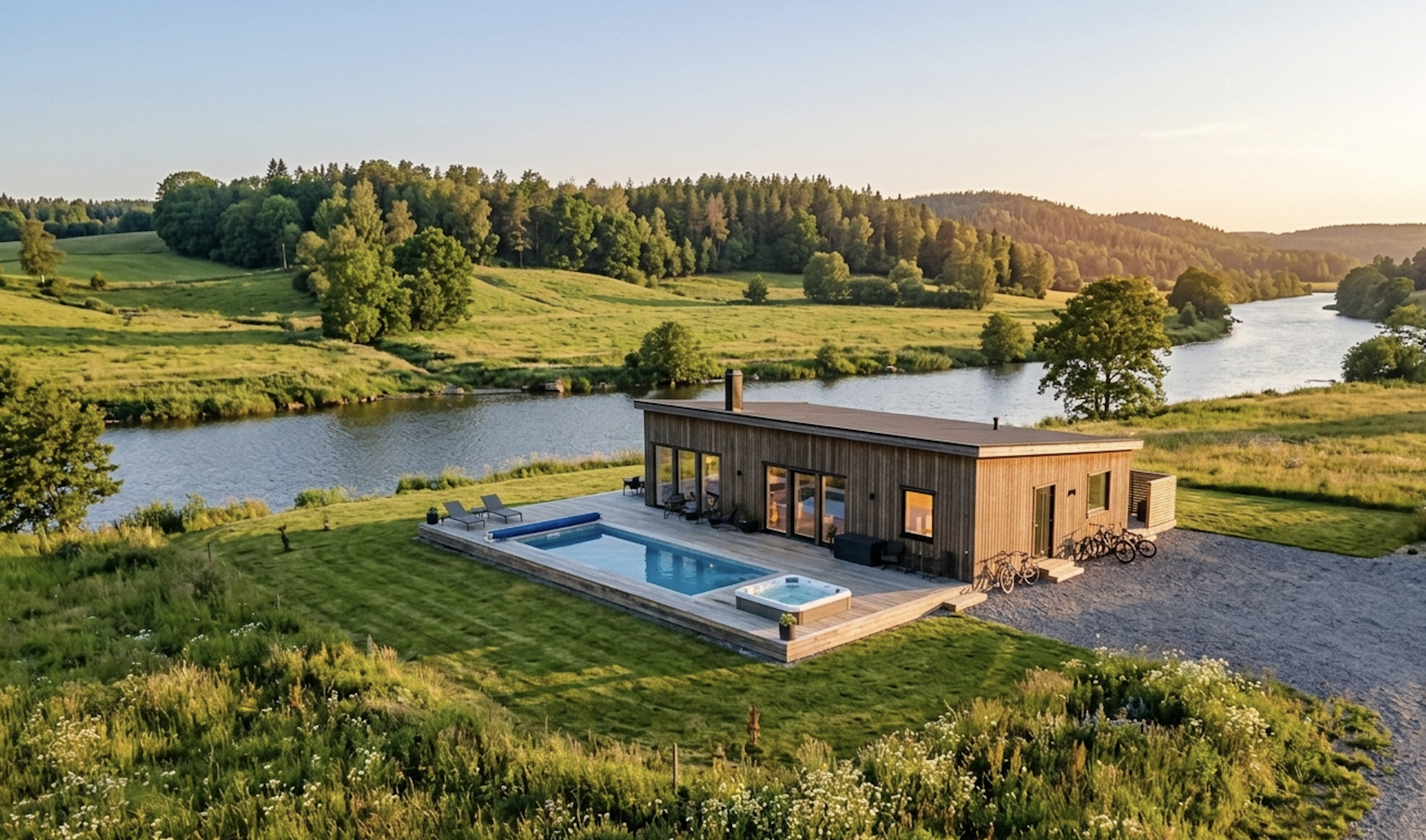 Villa Klang at summer dusk — Hälla, Ångermanland — pool and hot tub on the river meadow
