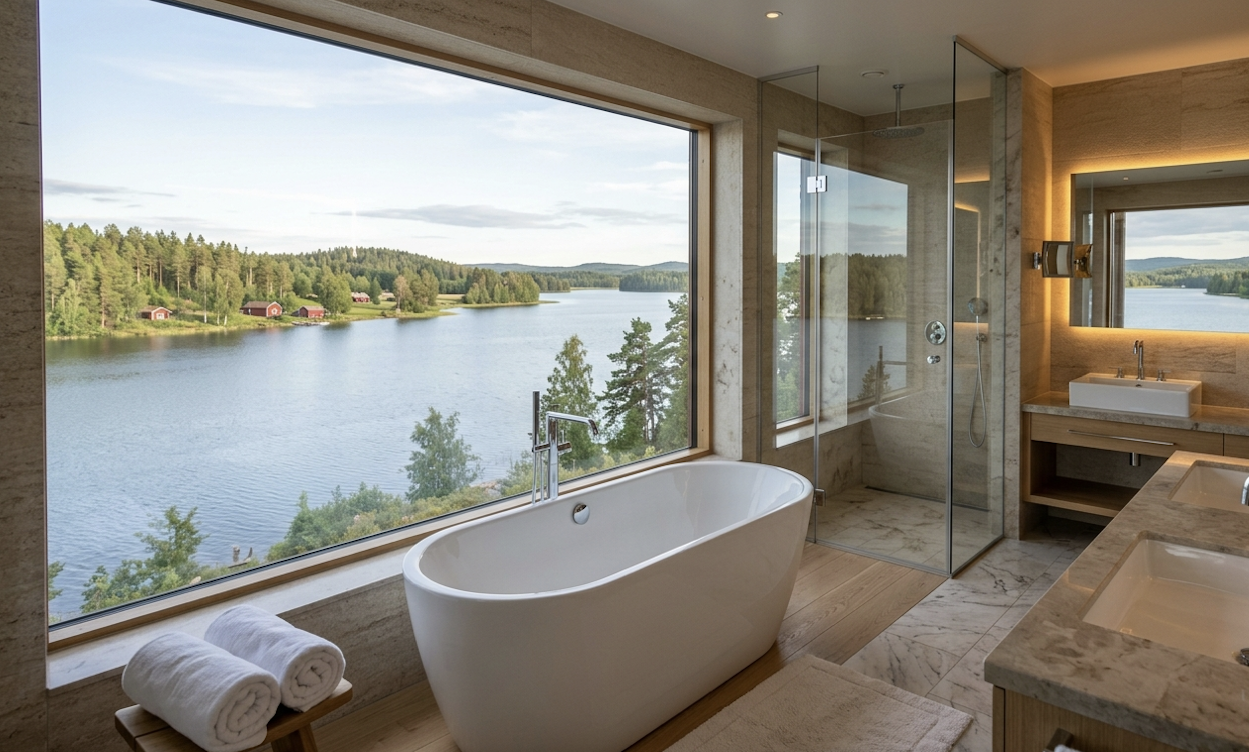 Bath of Villa Hamn at Vitemölla — freestanding tub at a picture window above the bay, full-size Byredo and Le Labo