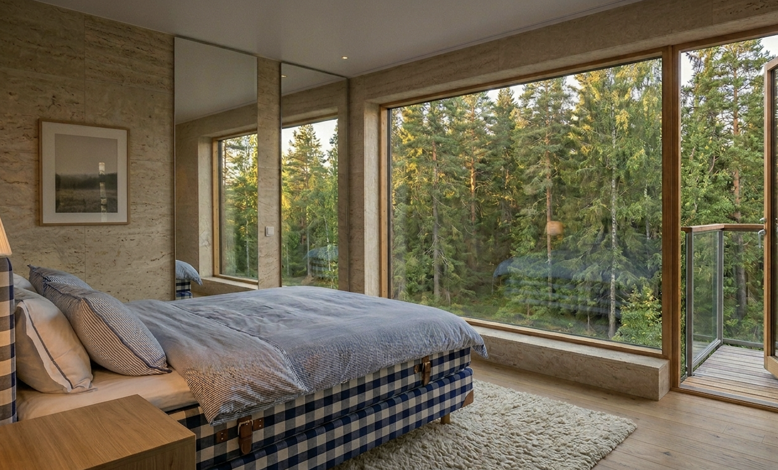Bedroom of Villa Hamn at Vitemölla — checkered Hästens bed in travertine walls, balcony opening to the pines